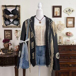 90's western cowgirl leather fringe beaded jacket